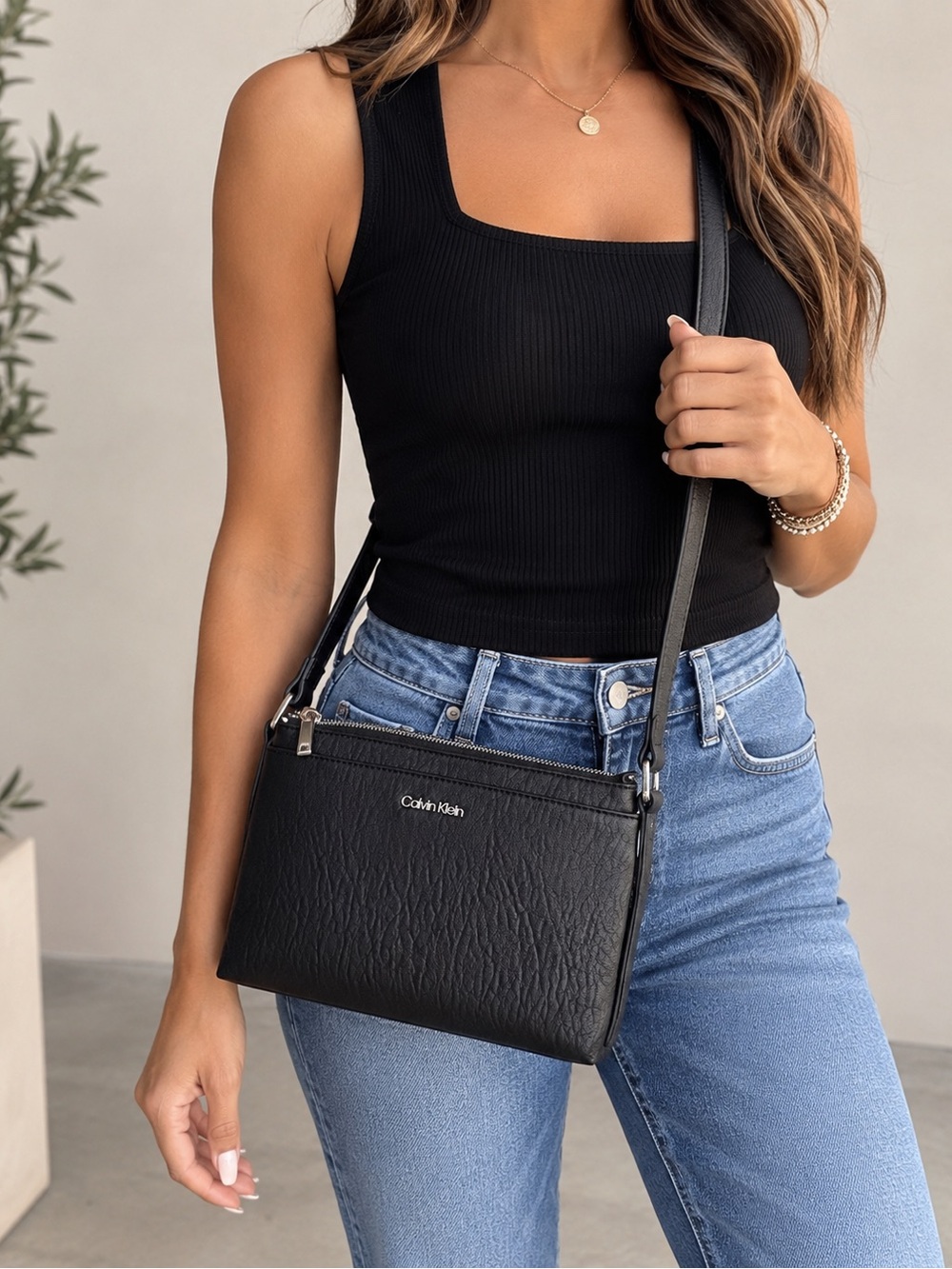 Calvin Klein Black Textured Leather Crossbody Bag